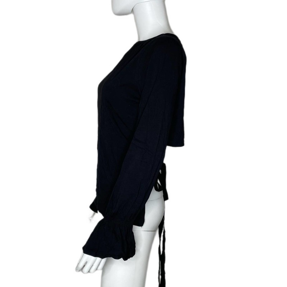 Mustard Seed Women's Black Long Bell Cuff Sleeve Hi-Low Cropped Tie Back Blouse - Picture 2 of 4